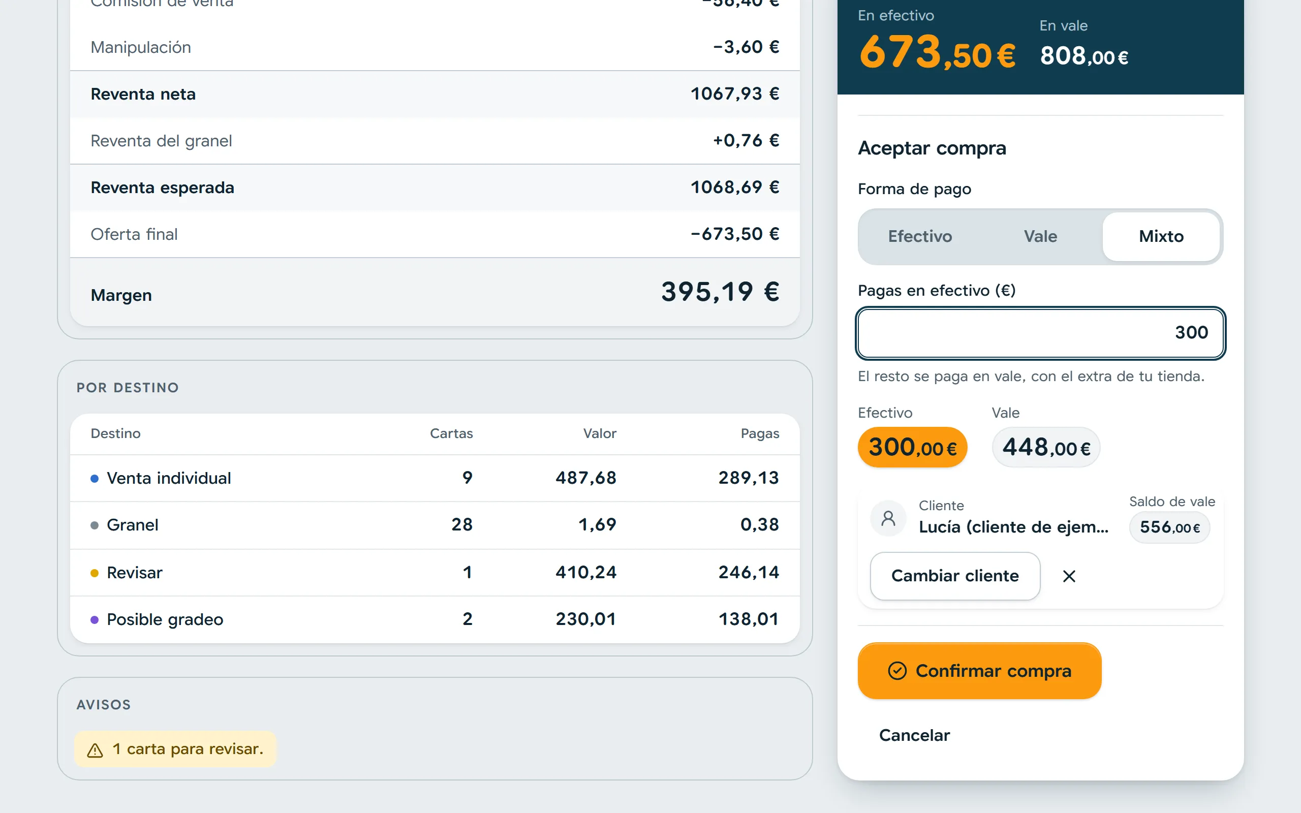 Cierre de una compra con pago mixto en efectivo y vale