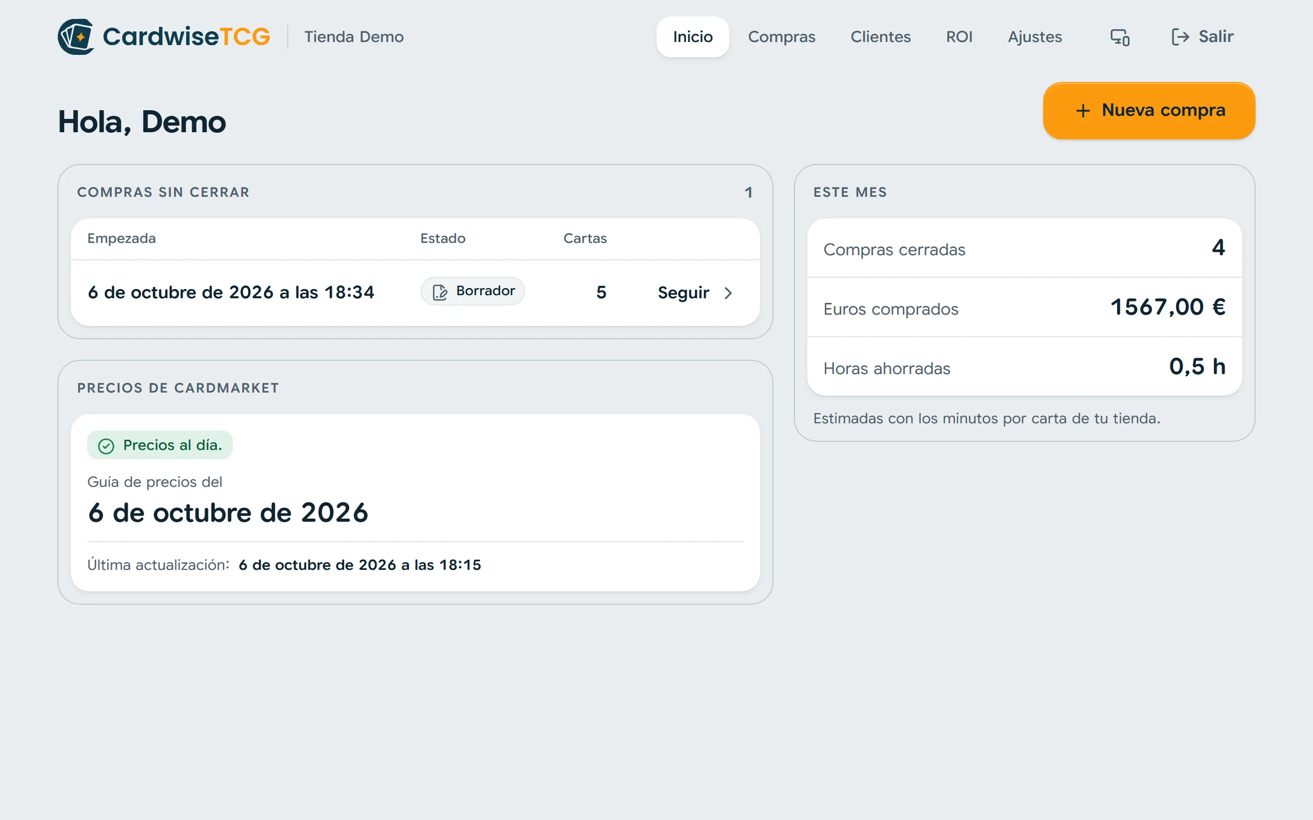 Inicio de Cardwise con las compras abiertas y las cifras del mes