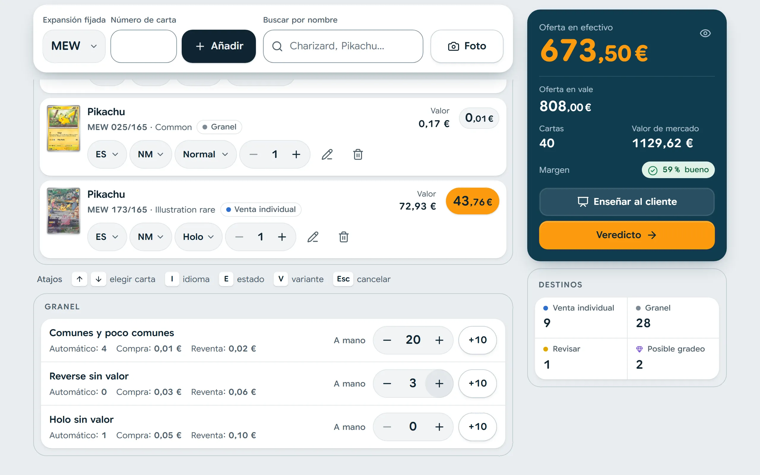 Compra abierta en Cardwise con las cartas tasadas y la oferta a la derecha